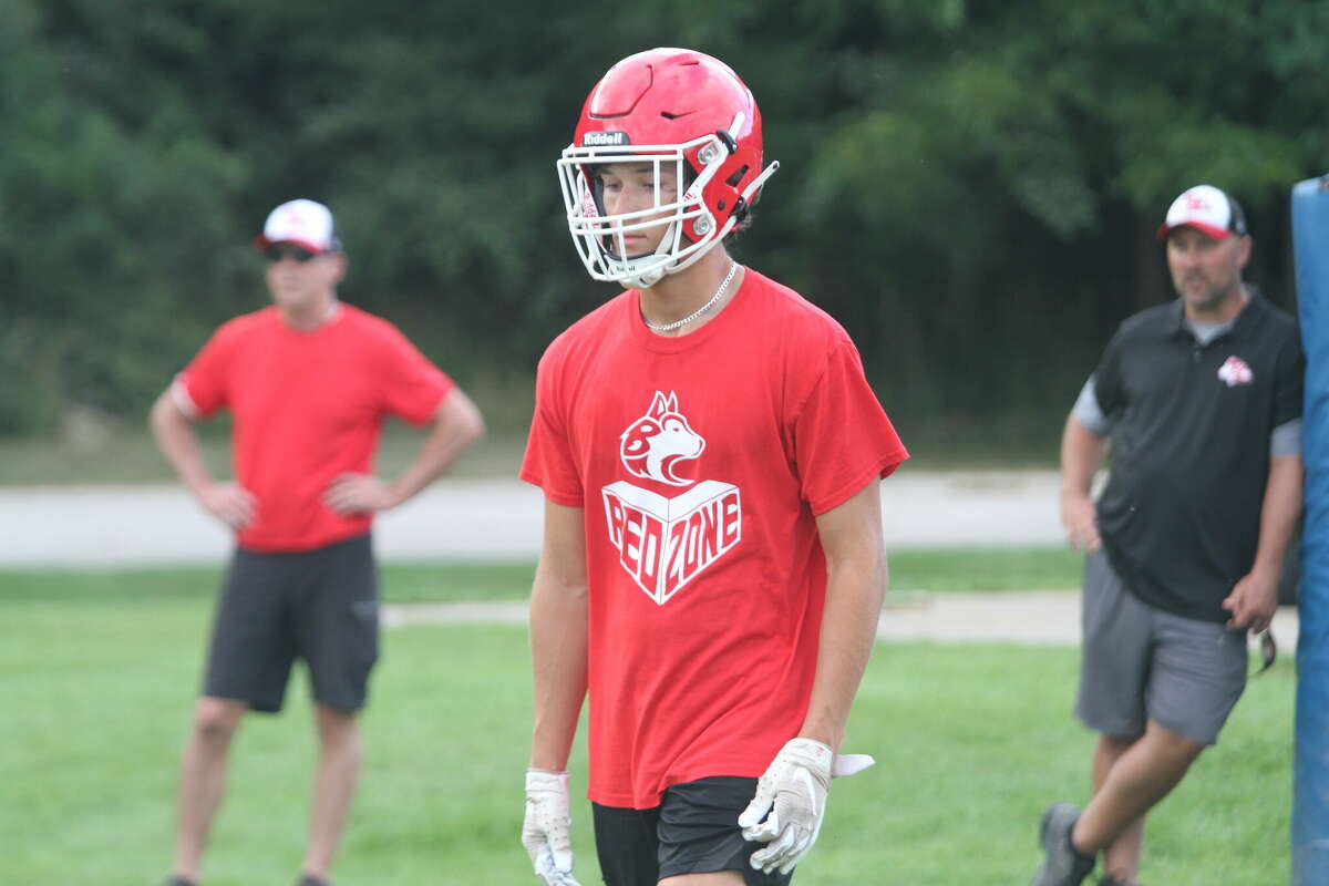 Jacob Evans prepares for the next play against Manistee in 7-on-7s. 