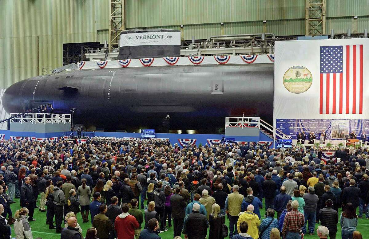 FILE - The United States Navy's nuclear-powered attack submarine USS Vermont is christened at Electric Boat in Groton, Conn., Oct. 20, 2018.