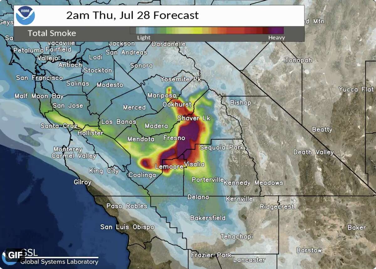"This smoke projection from the High-Resolution Rapid Refresh computer model depicts smoke from the #OakFire moving southward into the San Joaquin Valley today and tonight," the National Weather Service wrote on Twitter.