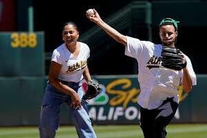 Ayesha Curry throws to wrong catcher for A's first pitch