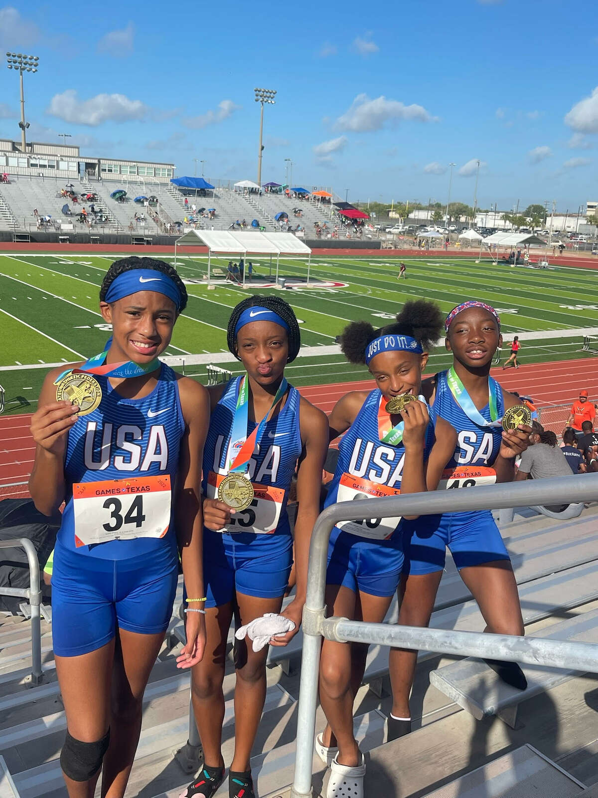 The Beaumont Track Club 12U 4x100 relay team, Shalynn Guidry, Rylan Clark, Jameson Broxton and Jacie Murchison, came in first place (51.65) in the 12U division of the Texas Amateur Athletic Federation Track and Field championships on July 24, in Corpus Christi.
