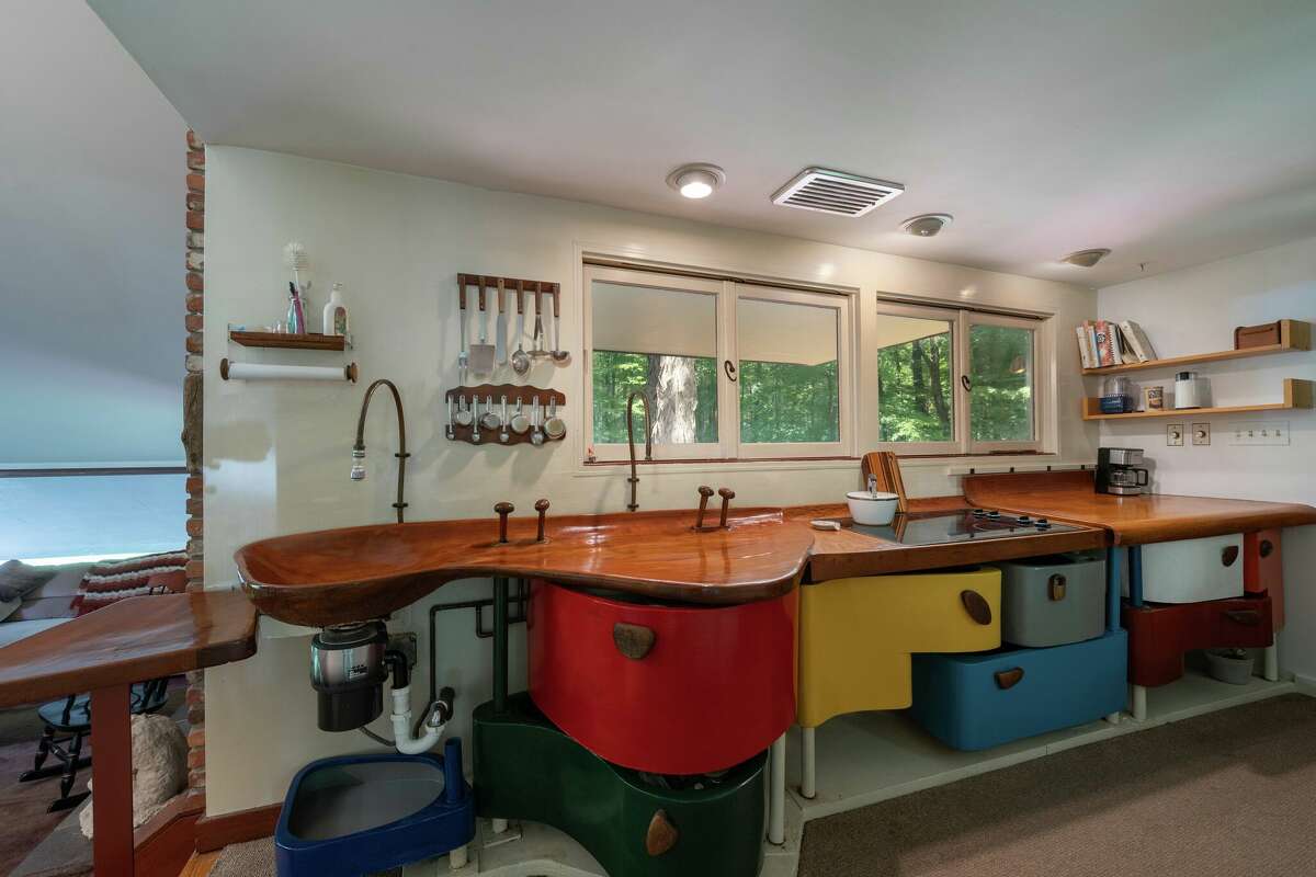 The kitchen in the home on 175 Chestnut Lane in Hamden, Conn. has teak counters.