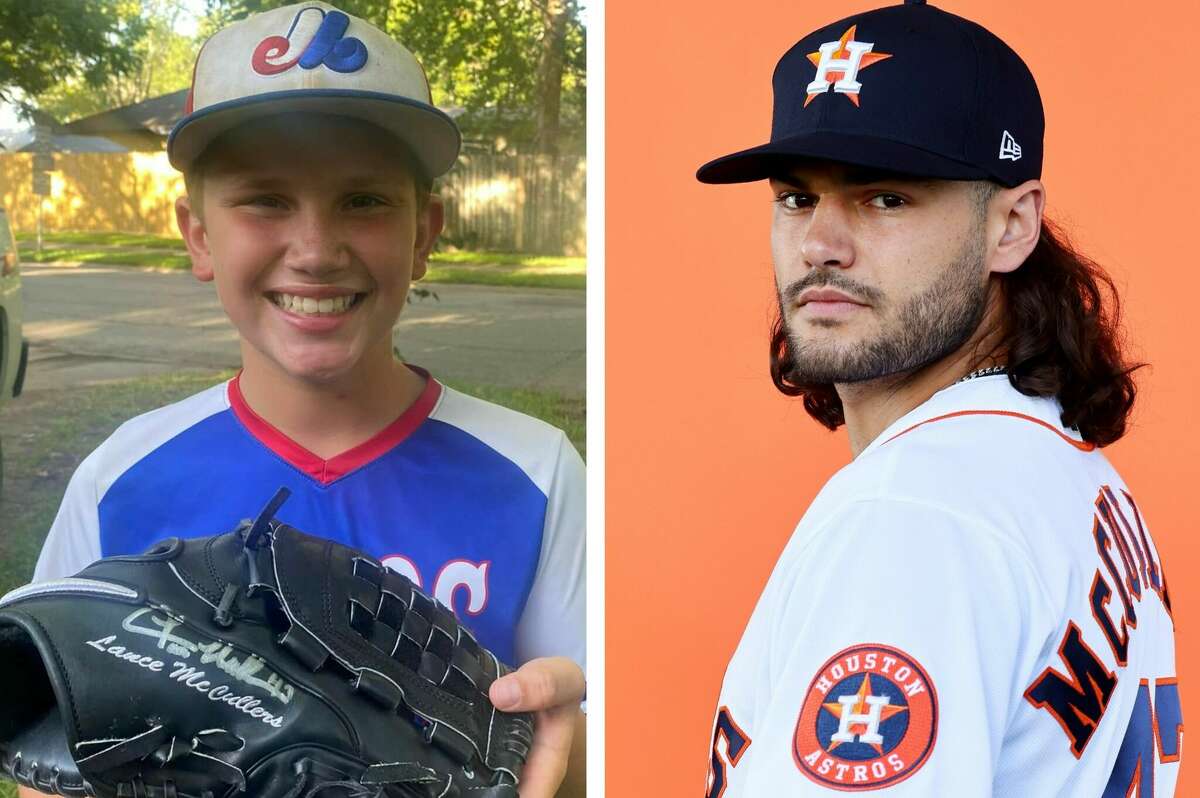 Ben Brothers, an 11-year-old from Angleton, proudly displays the autographed glove he got from Astros pitcher Lance McCullers (right) in the mail on Wednesday, July 27, 2022.