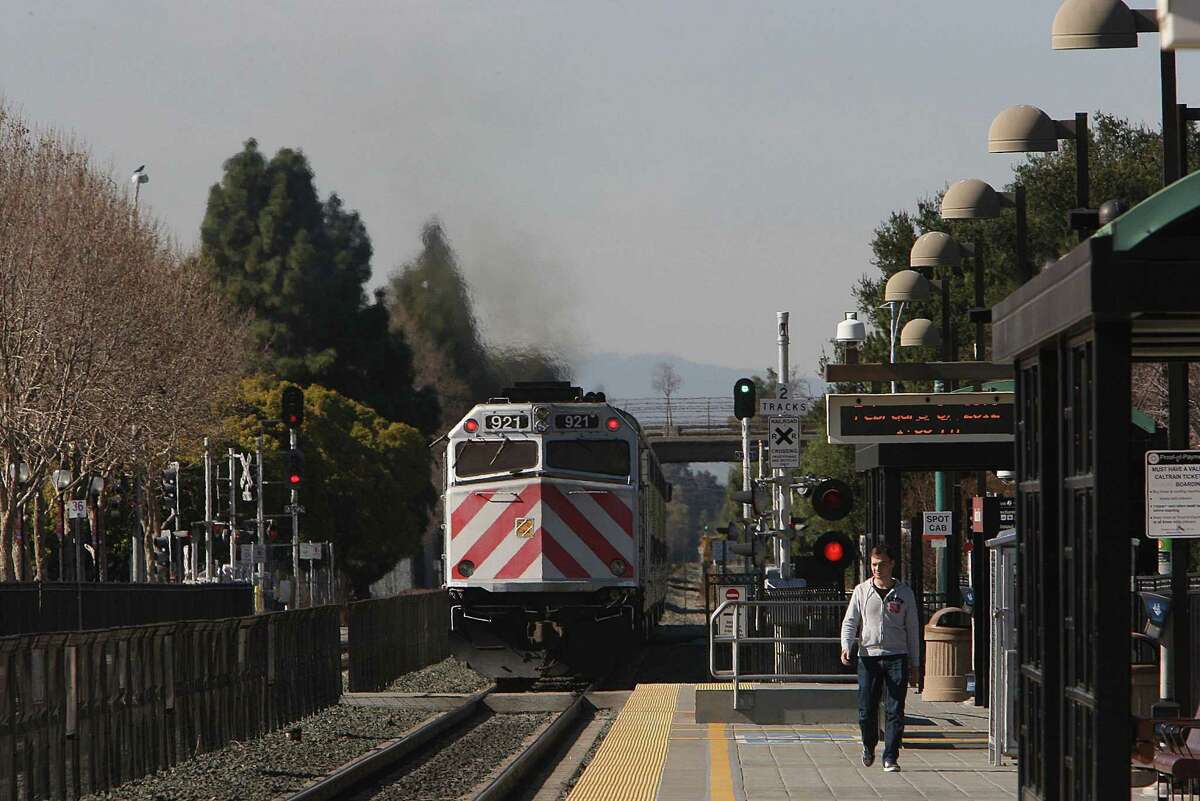 A northbound Caltrain leaves the station in Mountain View, Calif., on Thursday, February 9, 2012.