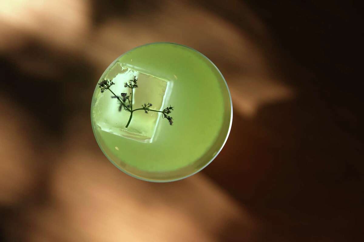 The Faithful Fool cocktail: Calvados, yuzu sake, green apple, sweet woodruff, fizzy water.