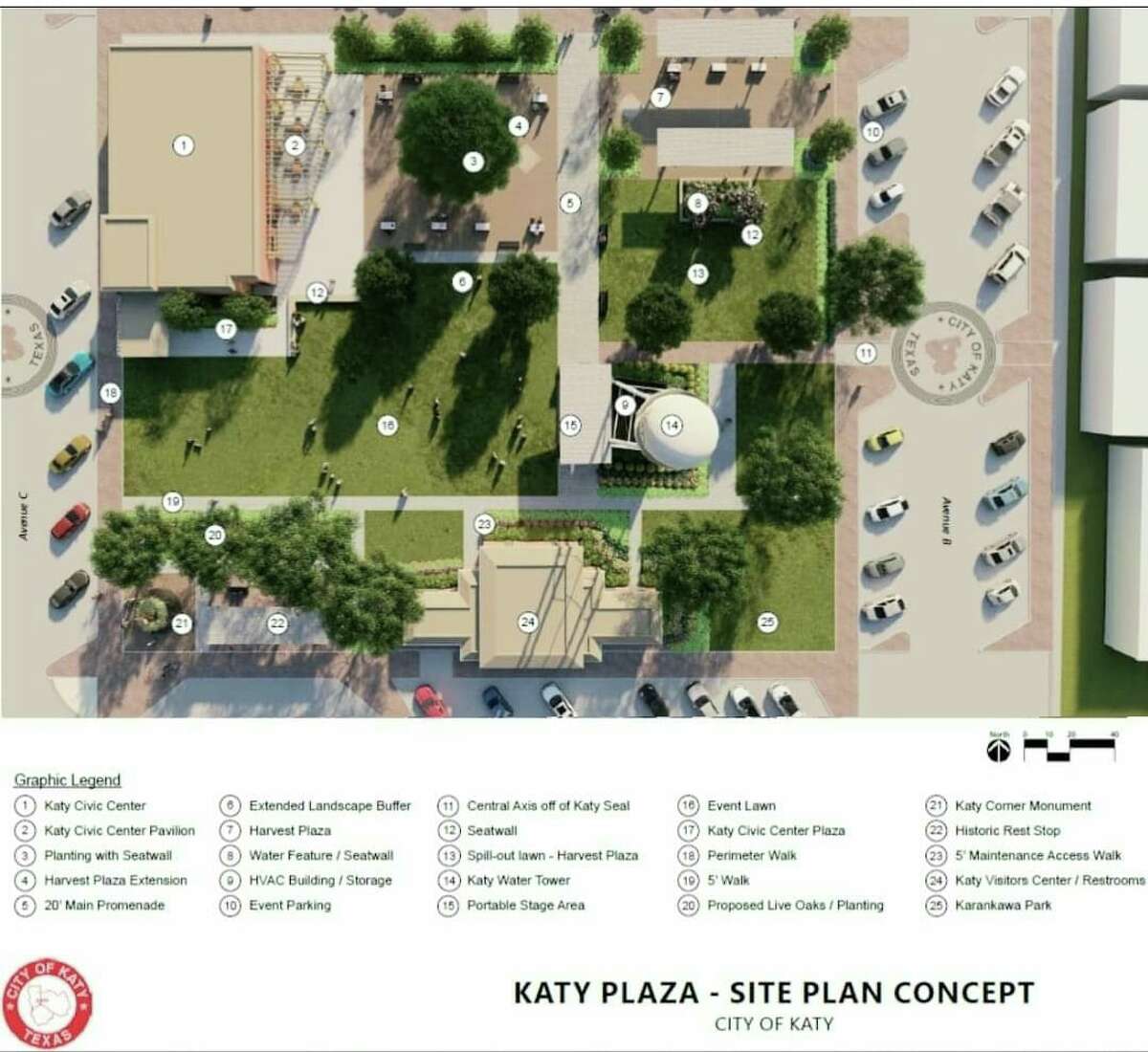 Renderings released by the city of Katy on July 25, 2022, show the future design of the downtown historic plaza.