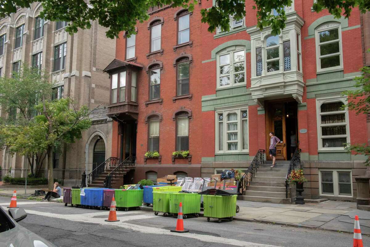 The Gilded Age production company sets up in a couple of buildings on Third Street opposite Washington Park Thursday, July 28, 2022 in Troy, N.Y. The filming is set to start July 31 through Aug. 4 for the second season of the HBO series.