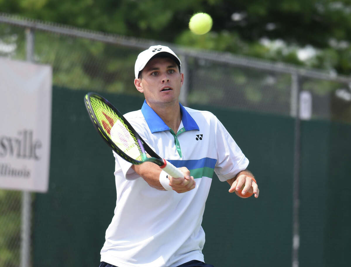 Sam Riffice hits a shot during the USTA Edwardsville Futures tennis tournament on Thursday in Edwardsville.