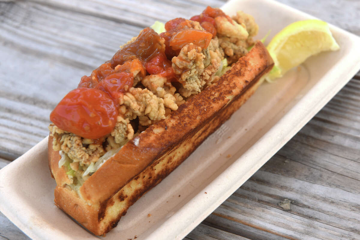 The crispy oyster bun topped with tomato jam, served at the Copps Island Oyster Shack, a new food truck and dining area at Brown's Marina in Stratford.