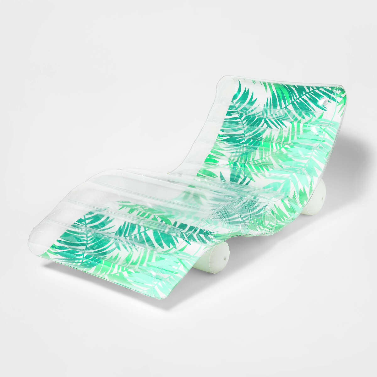 A curvy palm-printed pool lounger includes a drink holder.