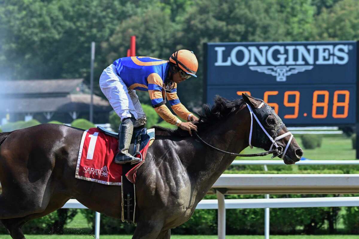 Fearless, ridden by Luis Saez and trained by Todd Pletcher, pulls away late in the 12th running of the Birdstone at Saratoga Race Course on Thursday, July 28, 2022.