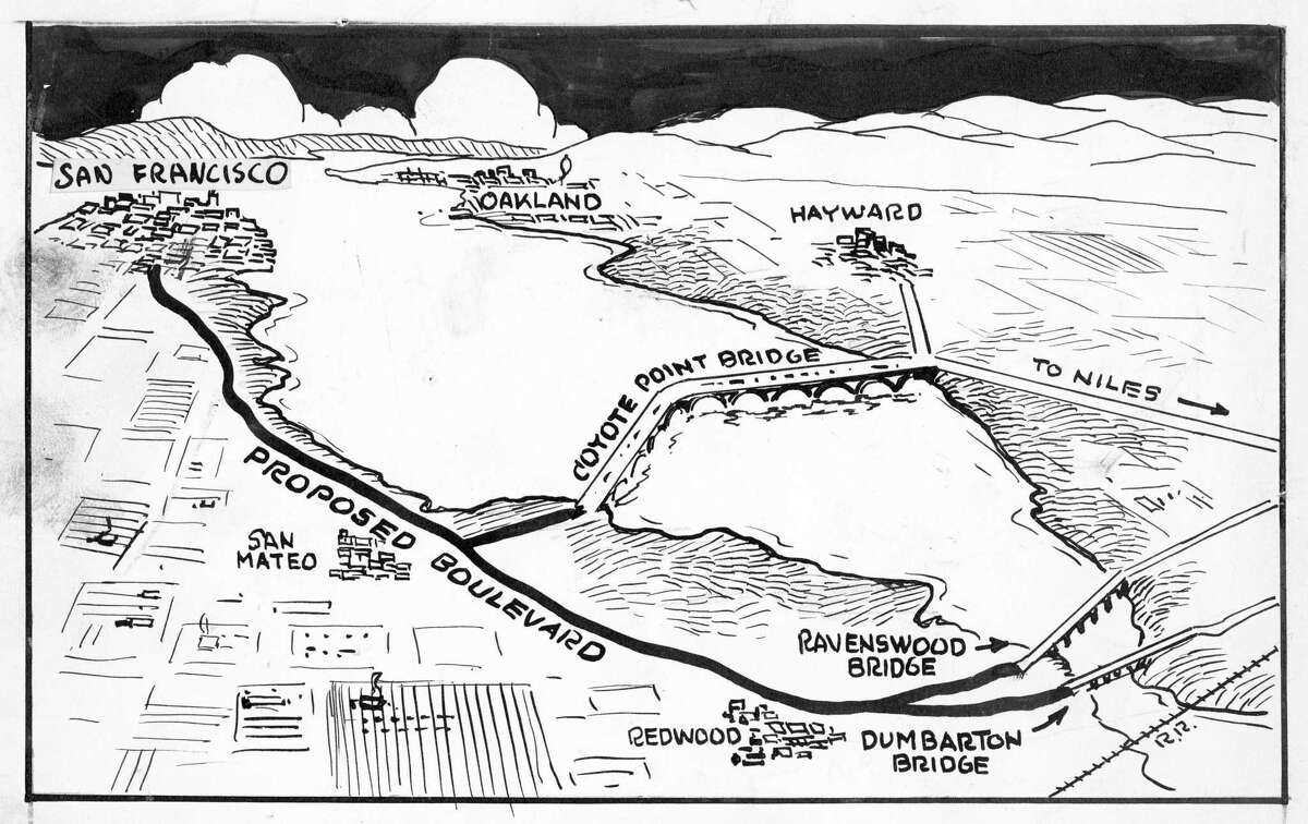 December 26, 1922: A San Francisco Chronicle Art Department drawing of a possible future on the Peninsula featuring three vehicular bridges, including the Dumbarton (which was completed in 1927).