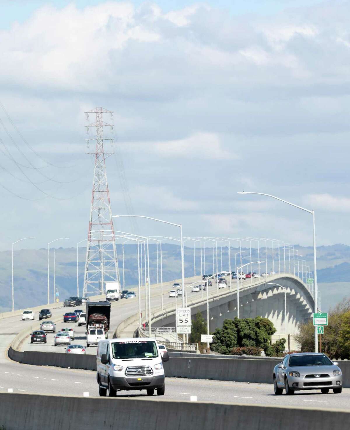 Traffic on State Route 84 flows west over the Dumbarton Bridge in Menlo Park, California on February 28, 2019.