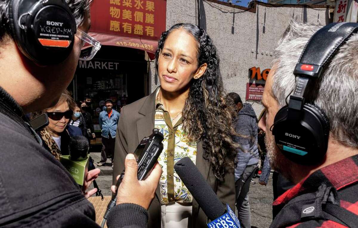 S.F. District Attorney Brooke Jenkins speaks to members of the media during the 2nd Annual Ping Yuen Summer Block Party in the Chinatown neighborhood of San Francisco, Calif. Saturday, July 23, 2022.