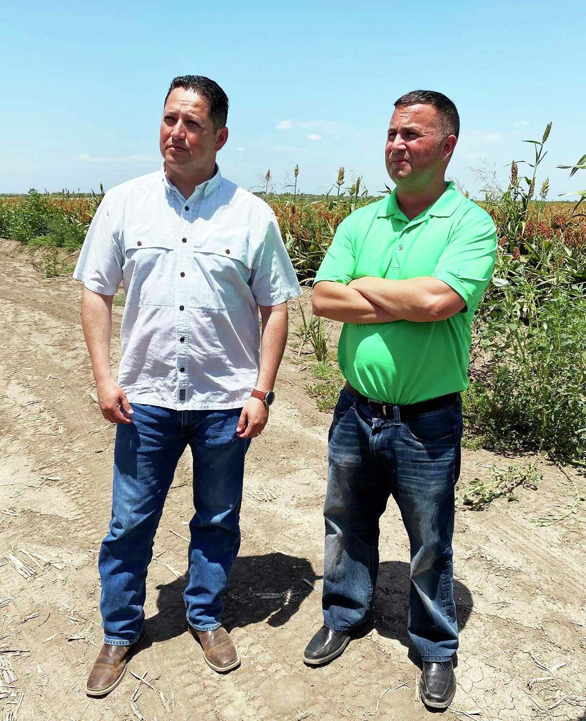 Republican Congressman Tony Gonzales, left, and Florida Democrat Darren Soto hear the concerns of farmers and ranchers in the Uvalde area.