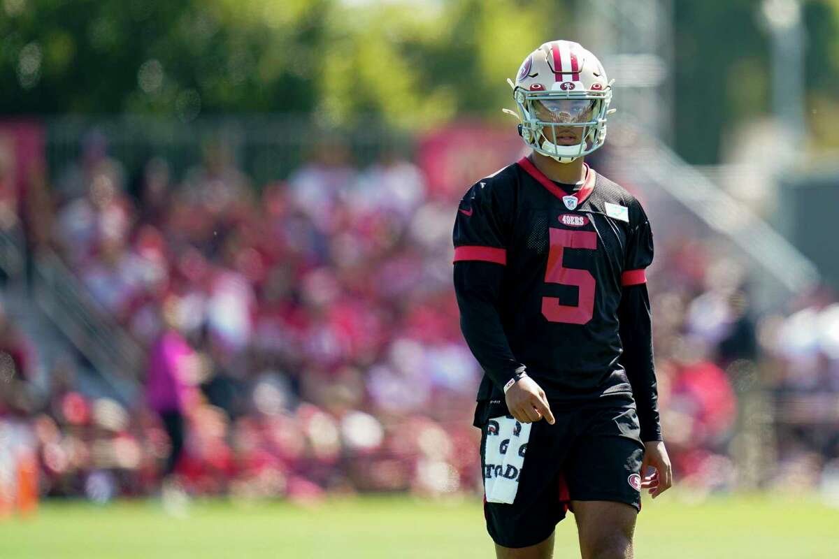 San Francisco 49ers' Trey Lance takes part in drills at the NFL