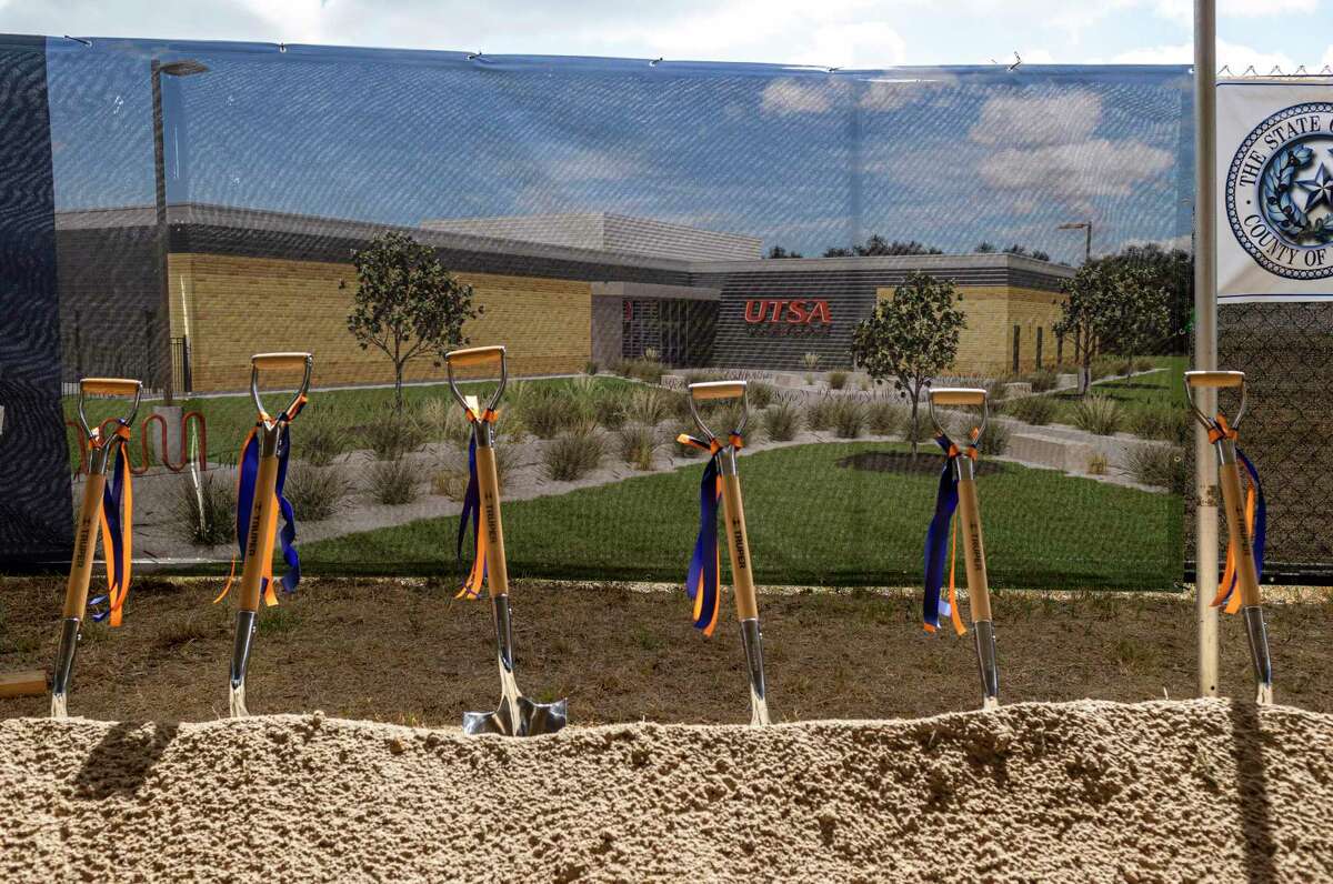 Shovels are basked in morning light ahead of the groundbreaking for the Park West Fieldhouse, a new facility that will serve as the home of the women’s soccer and men’s and women’s track & field programs, on UTSA's main campus in San Antonio.