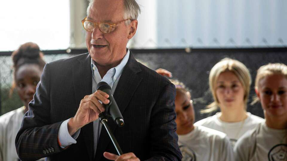 UTSA President Taylor Eighmy addresses the crowd during the groundbreaking for the Park West Fieldhouse, a new facility that will serve as the home of the women's soccer and men's and women's track & field programs, on UTSA's main campus in San Antonio, TX, on July 28, 2022.