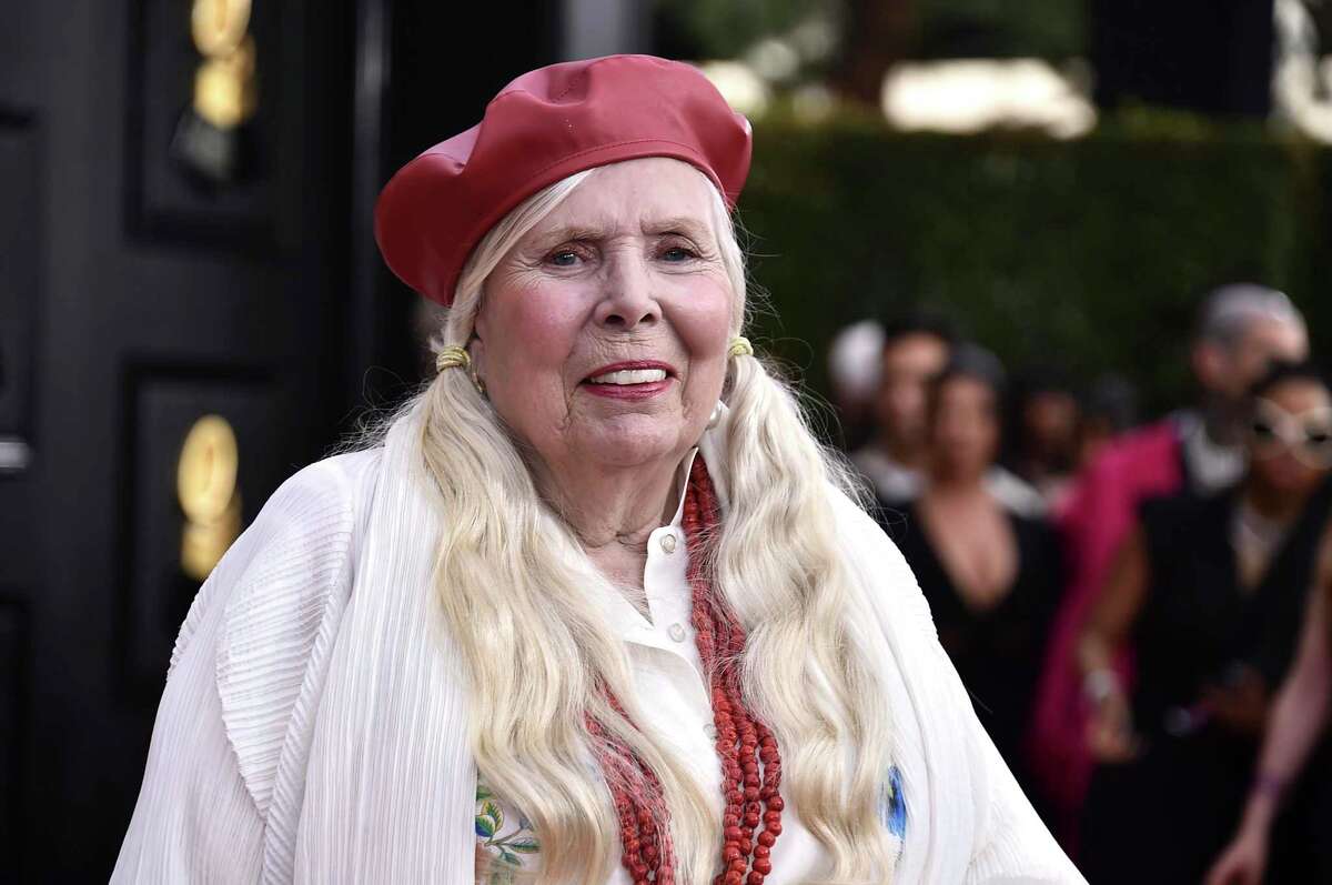 Joni Mitchell arrives at the 64th Annual Grammy Awards at the MGM Grand Garden Arena on Sunday, April 3, 2022, in Las Vegas.