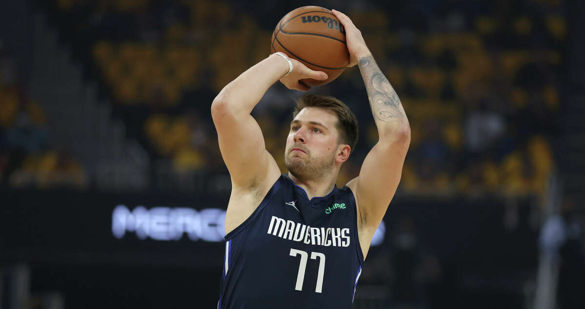 Dallas Mavericks guard Luka Doncic (77) during Game 2 of the NBA basketball playoffs Western Conference finals against the Golden State Warriors in San Francisco, Friday, May 20, 2022. (AP Photo/Jed Jacobsohn)
