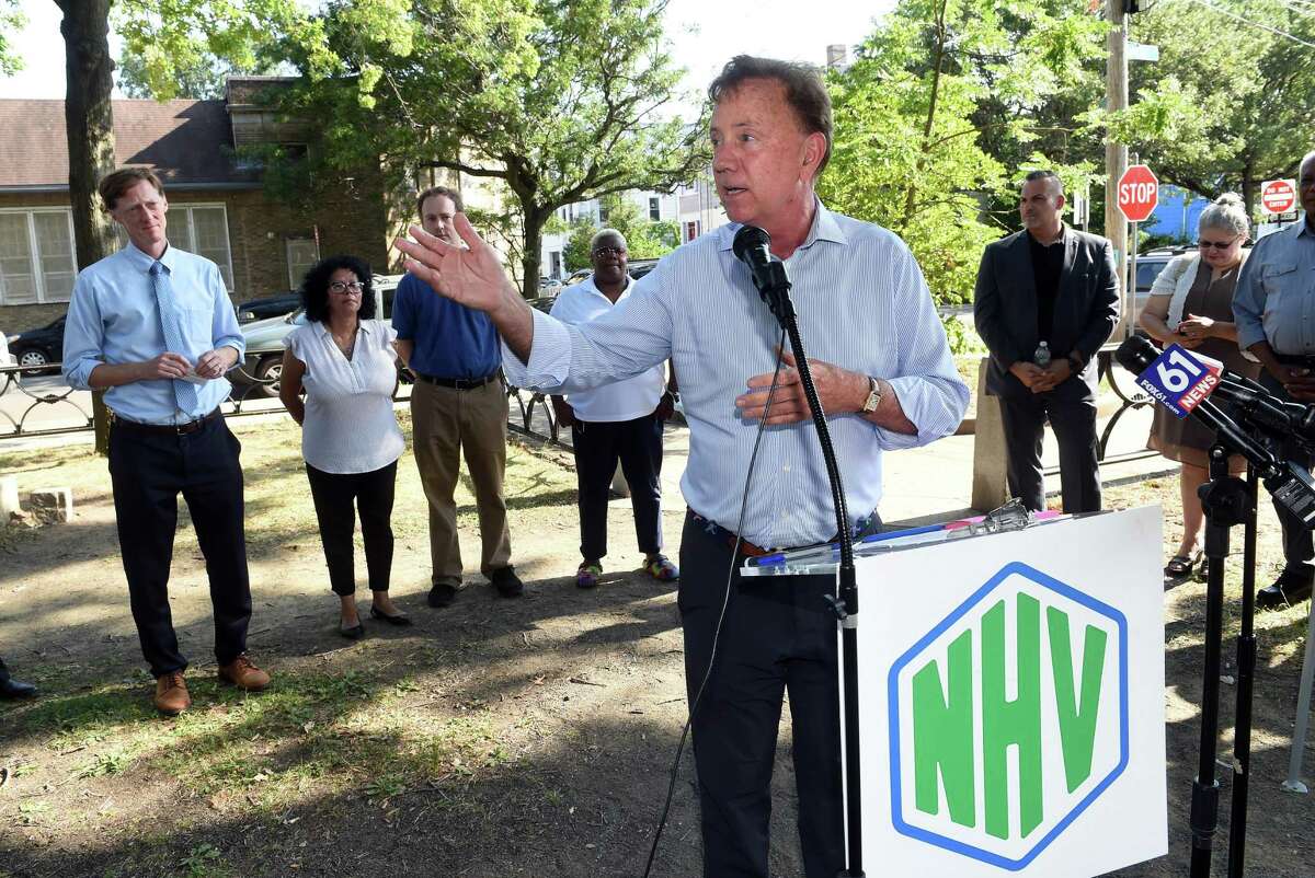 Gov. Ned Lamont speaks at a news conference Thursday concerning $1.5 million in state funding to renovate the former Hill Cooperative Youth Services “Barbell” community center on Carlisle Avenue in New Haven into the Trowbridge Community Youth Center.