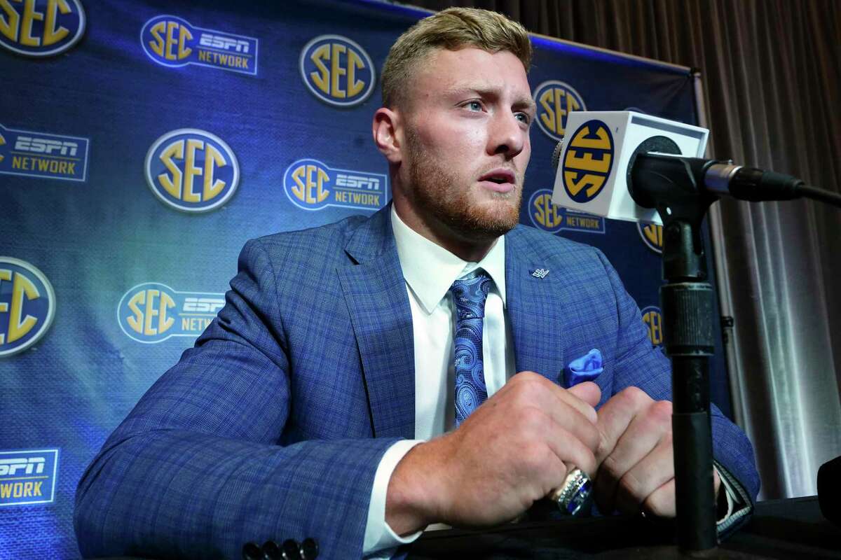 Kentucky quarterback Will Levis speaks to reporters during NCAA college football Southeastern Conference Media Days, Wednesday, July 20, 2022, in Atlanta. (AP Photo/John Bazemore)