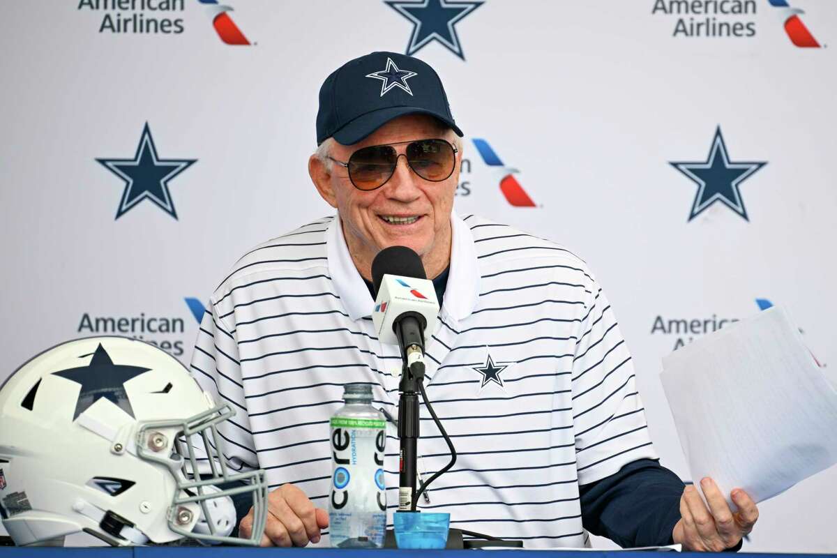 Dallas Cowboys owner Jerry Jones takes questions from the media at the start of NFL football training camp, Tuesday, July 26, 2022, in Oxnard, Calif. (AP Photo/Gus Ruelas)