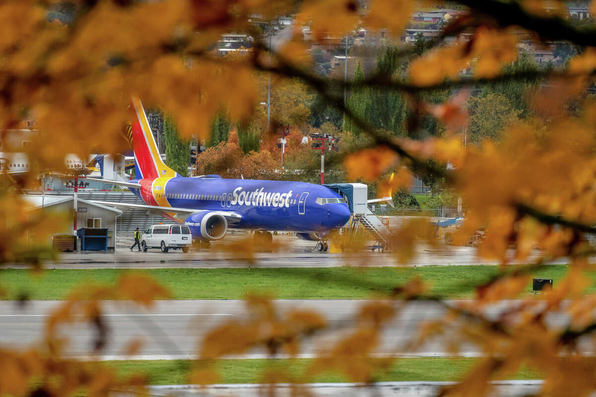 A Boeing 737 Max aircraft owned by Southwest Airlines is seen parked at Boeing's Renton Factory in October 2019 in Renton, Wash.