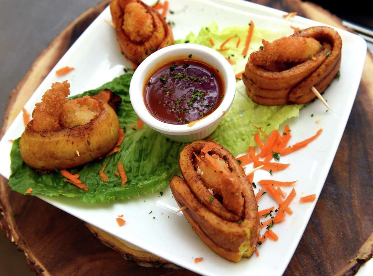 Plantain Cho, crispy shrimp wrapped in fried plantains, photographed at the new Caribbean restaurant, Island Cho, on Washington Avenue in North Haven on July 29, 2022.