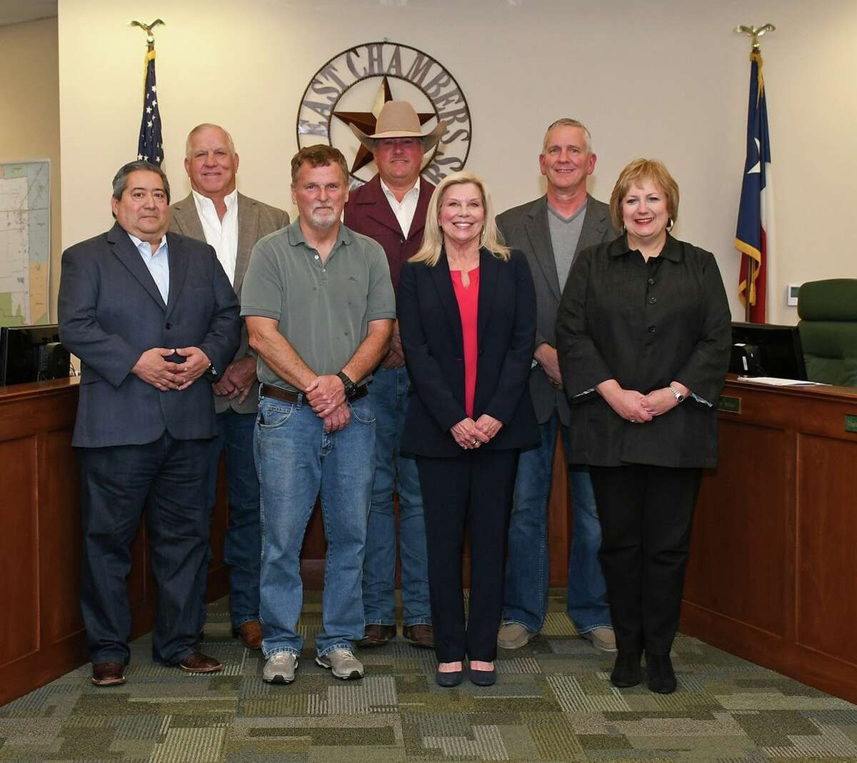 The East Chambers ISD school board. Top row, left to right: Board President Scott Jones, Board Secretary Taylor Wilcox and Kelley Touchet. Bottom row, left to right: Frank Abalos, Richard Lee, Board Vice President Lisa Bauer and Charlotte Edwards.