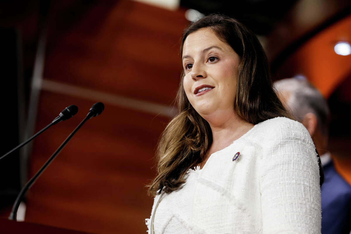 House Republican Conference Chair Elise Stefanik (R-NY) speaks at a press conference following a weekly caucus meeting in the U.S. Capitol Building on July 19, 2022 in Washington, DC.