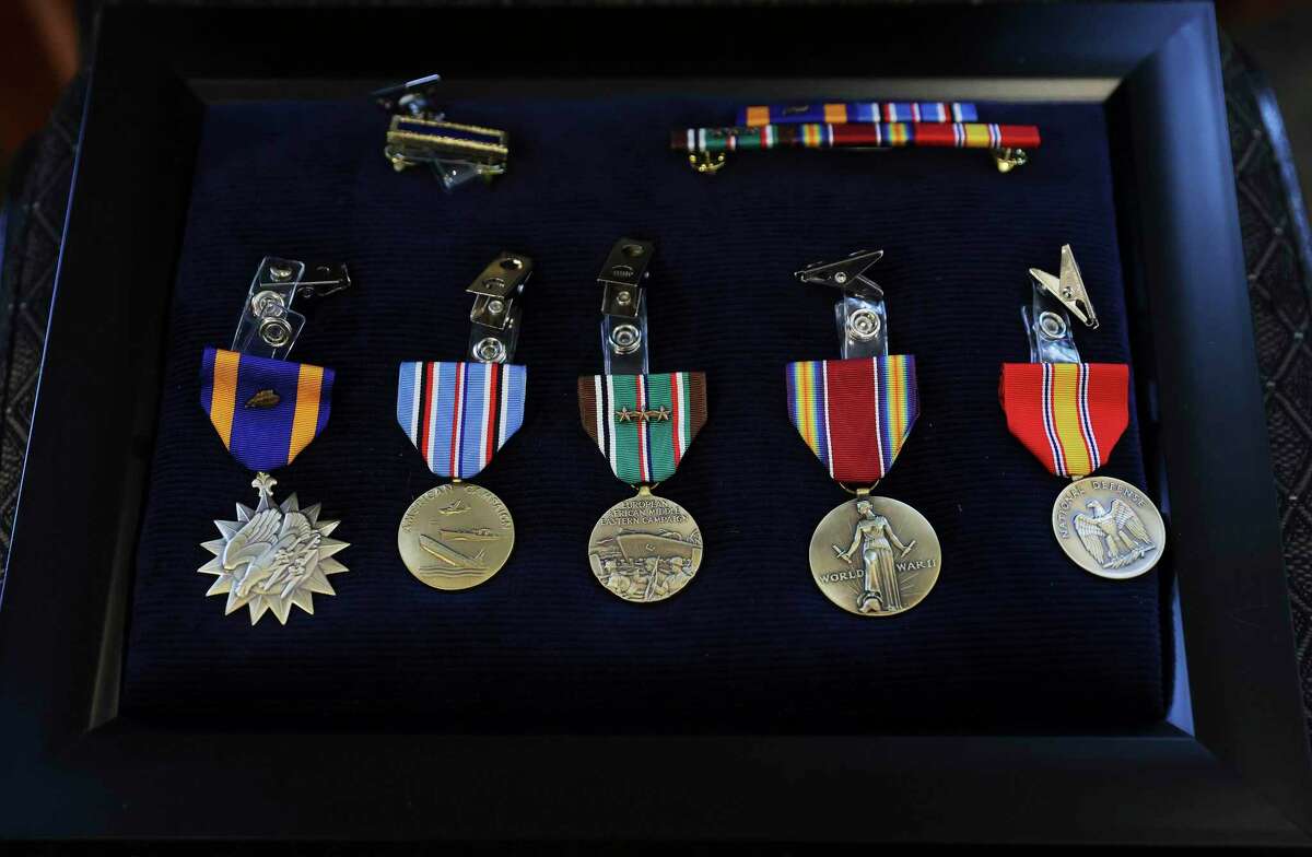 A presentation case of the medals and ribbons that World War II veteran Gerald Teldon, 97, earned during the conflict in Europe. He belatedly received the medals at a ceremony Friday, surrounded by family at the Chabad Center for Jewish Life & Learning.