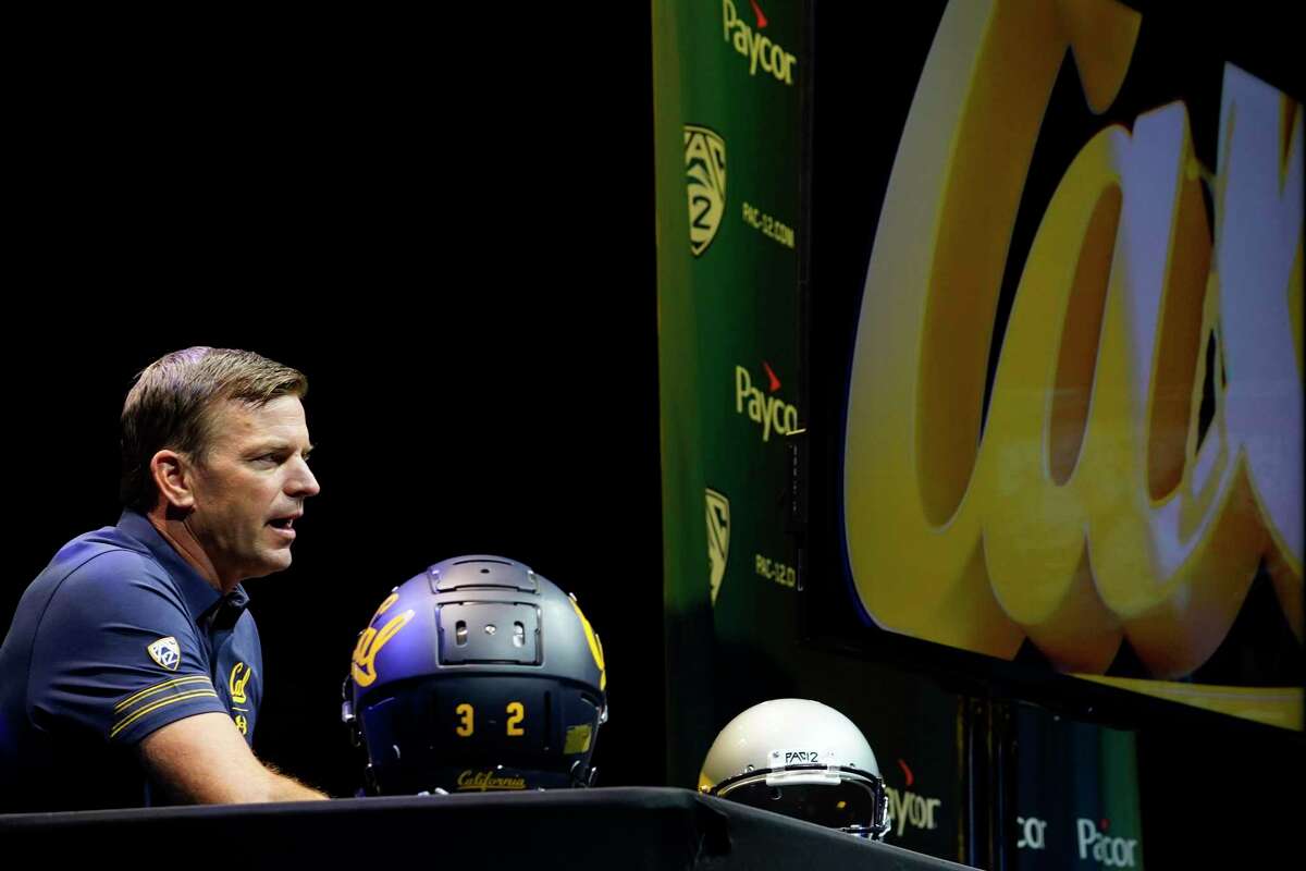California coach Justin Wilcox speaks during the Pac-12 Conference NCAA college football media day Friday, July 29, 2022, in Los Angeles. (AP Photo/Damian Dovarganes)