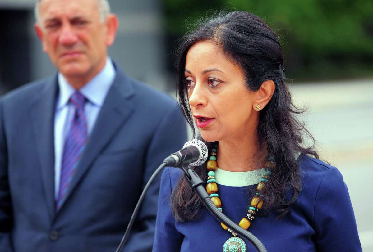 Dita Bhargava, a candidate for state treasurer, makes a campaign stop across from Purdue Pharma in downtown Stamford, Conn., on Friday July 29, 2022. Bhargava lost her 26-year-old son to an overdose two weeks before the primary for state treasurer in 2018, a race the Greenwich hedge fund manager lost.