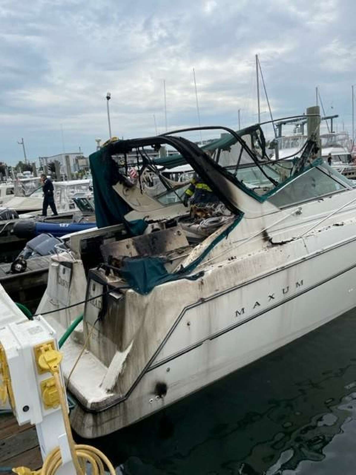 A man was sent to the hospital Friday afternoon after a boat fire at Cove Marina, according to the Norwalk Fire Department.