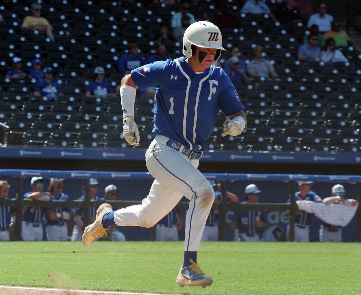 Friendswood batter Dylan Maxcey runs to first after a hit against Mansfield Legacy in the UIL baseball 5A semifinal on Thursday, Jun 9, 2022 at the Dell Diamond in Round Rock, TX. Friendswood won 6-4.
