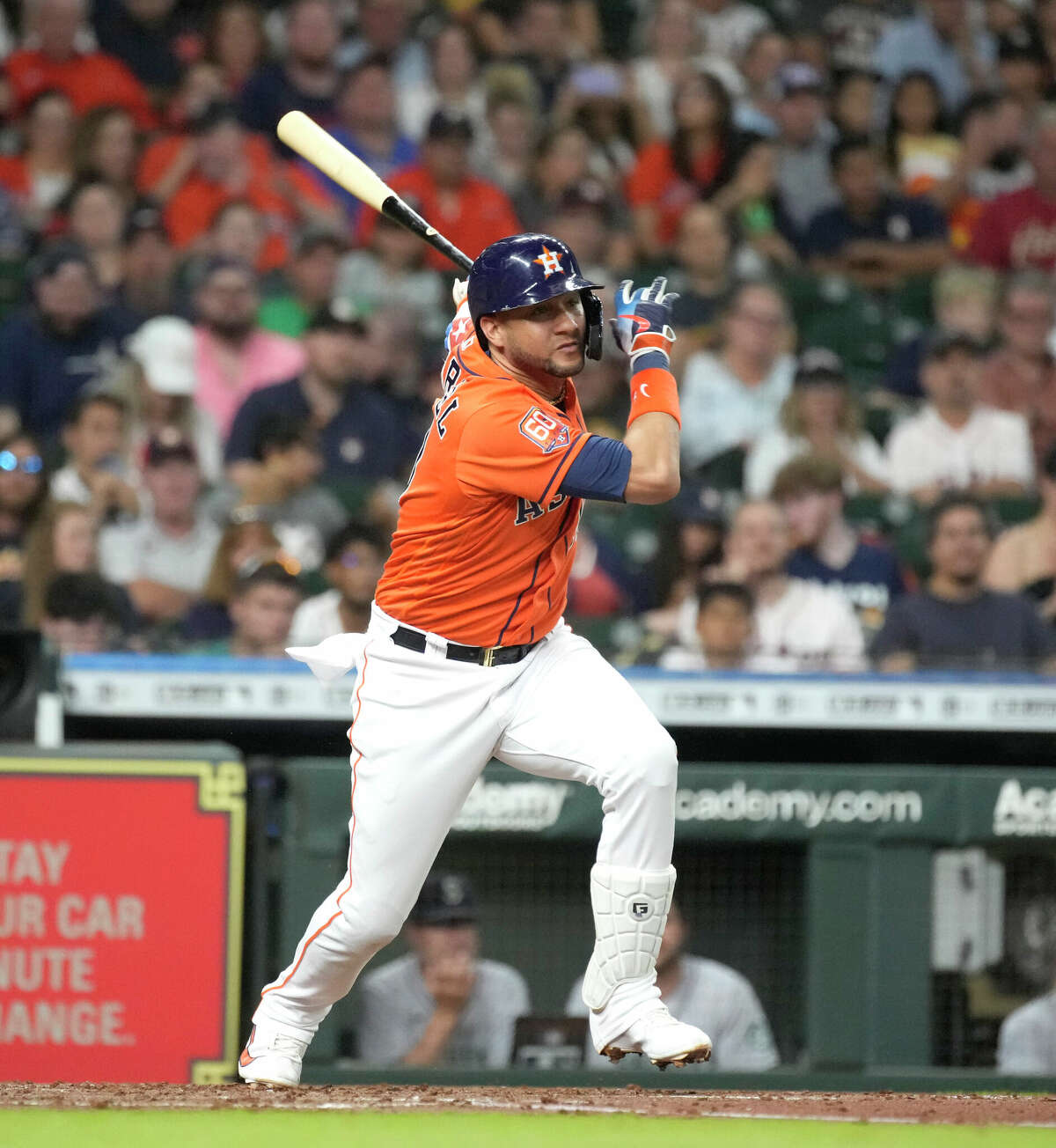 Houston Astros' Yuli Gurriel (10) singles off of Seattle Mariners starting pitcher Robbie Ray (38) during the third inning of an MLB baseball game at Minute Maid Park on Friday, July 29, 2022 in Houston.