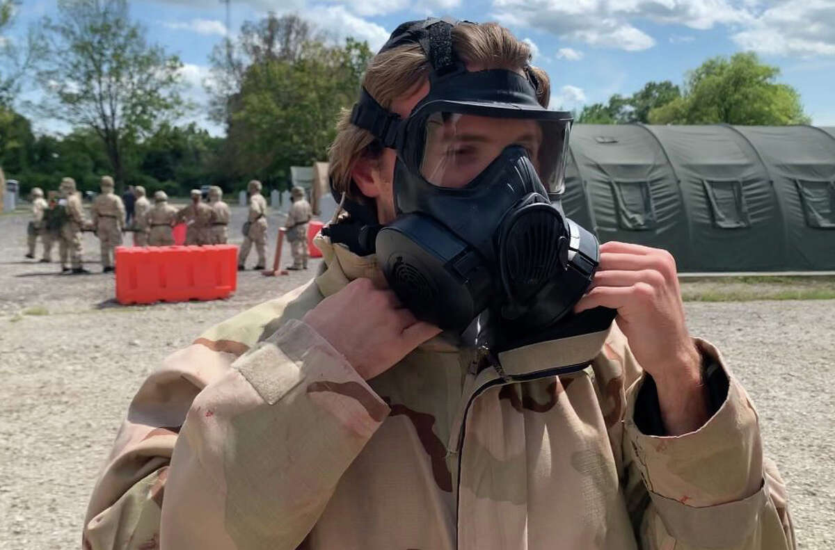 Edwardsville Intelligencer Billy Woods with the Mission Oriented Protective Posture (MOPP) gear on Friday at the Scott Air Force Base in St. Clair County. 