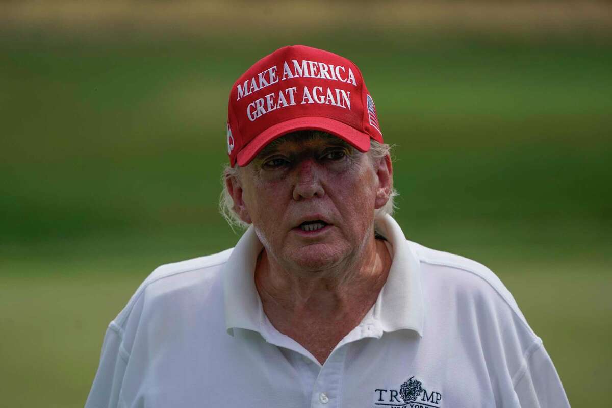 Former President Donald Trump plays during the pro-am round of the Bedminster Invitational LIV Golf tournament in Bedminster, N.J., Thursday, July 28, 2022.