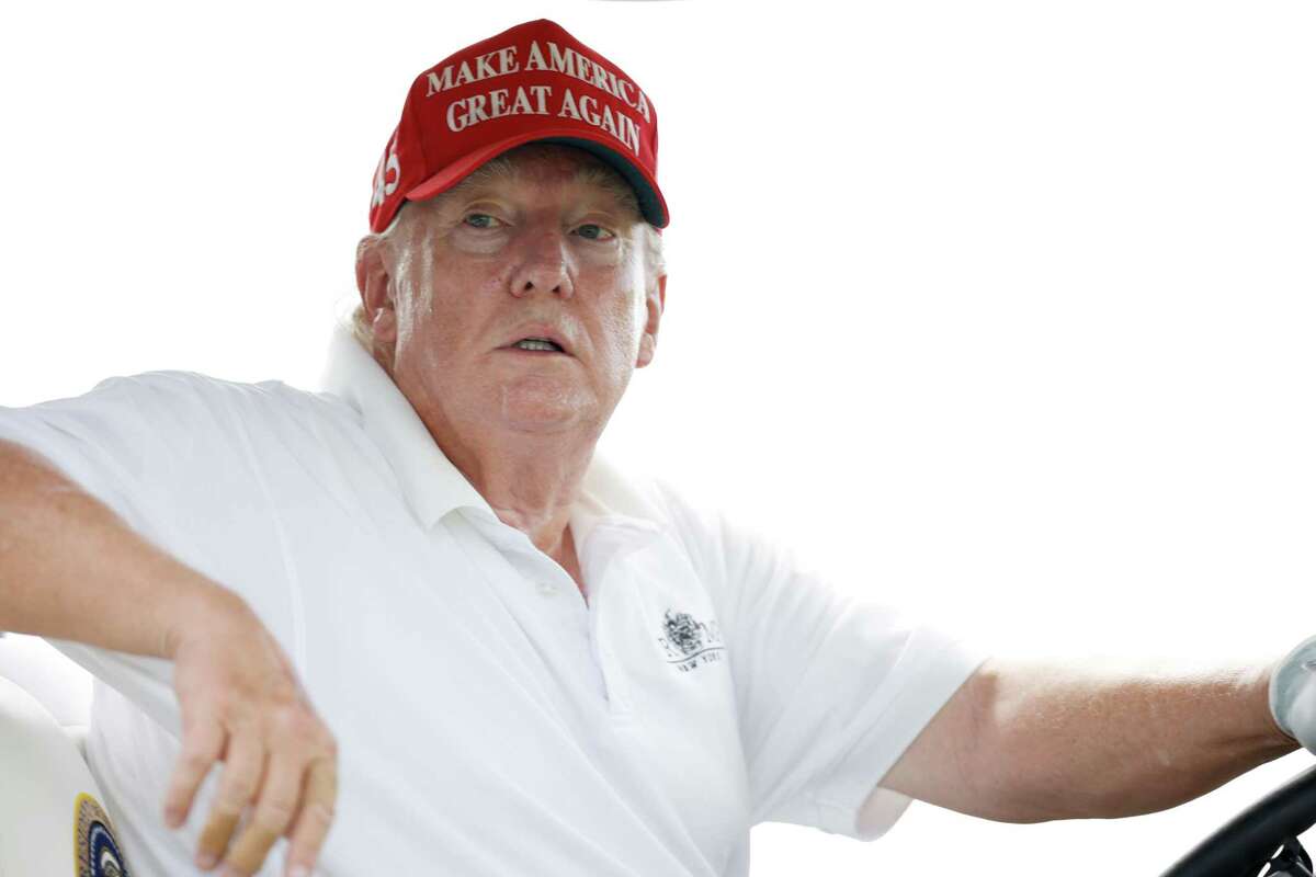 Former President Donald Trump looks on during the pro-am prior to the LIV Golf Invitational — Bedminster at Trump National Golf Club Bedminster on July 28, 2022 in Bedminster, N.J.