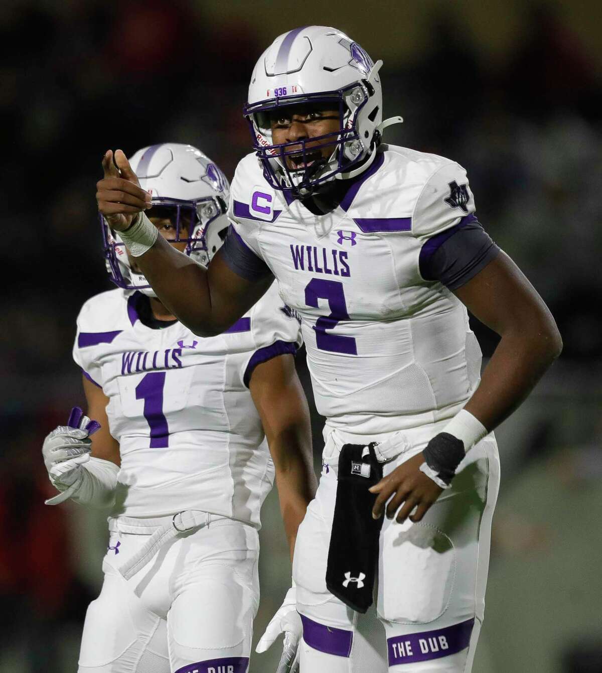 Willis quarterback DJ Lagway (2) reacts toward his sideline during the second quarter of a Region II-6A (Div. II) area football game at Planet Ford Stadium, Friday, Nov. 19, 2021, in Spring.