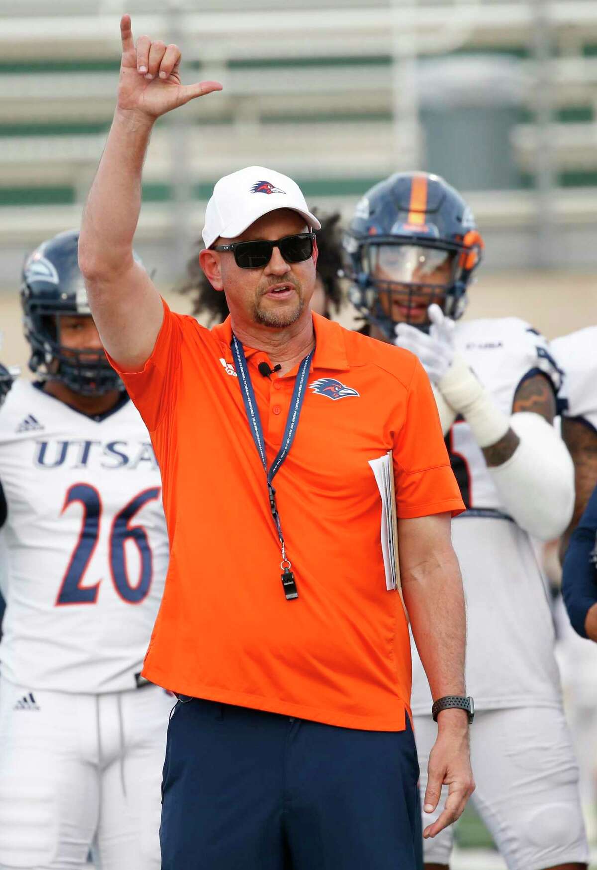 UTSA head coach Jeff Traylor acknowledges the crowd after it was announced that he has been voted the Conference USA Coach of the Year. UTSA Spring football game on Thursday, April 14, 2022 at Farris Stadium