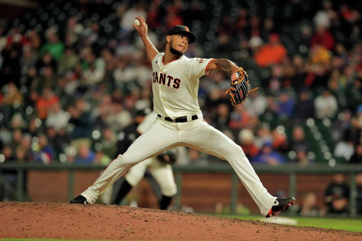 Camilo Doval (75) pitching in the ninth as the San Francisco Giants played the Chicago Cubs at Oracle Park in San Francisco, Calif., on Thursday, July 28, 2022. The Giants defeated the Cubs 4-2 to break a seven game losing streak.