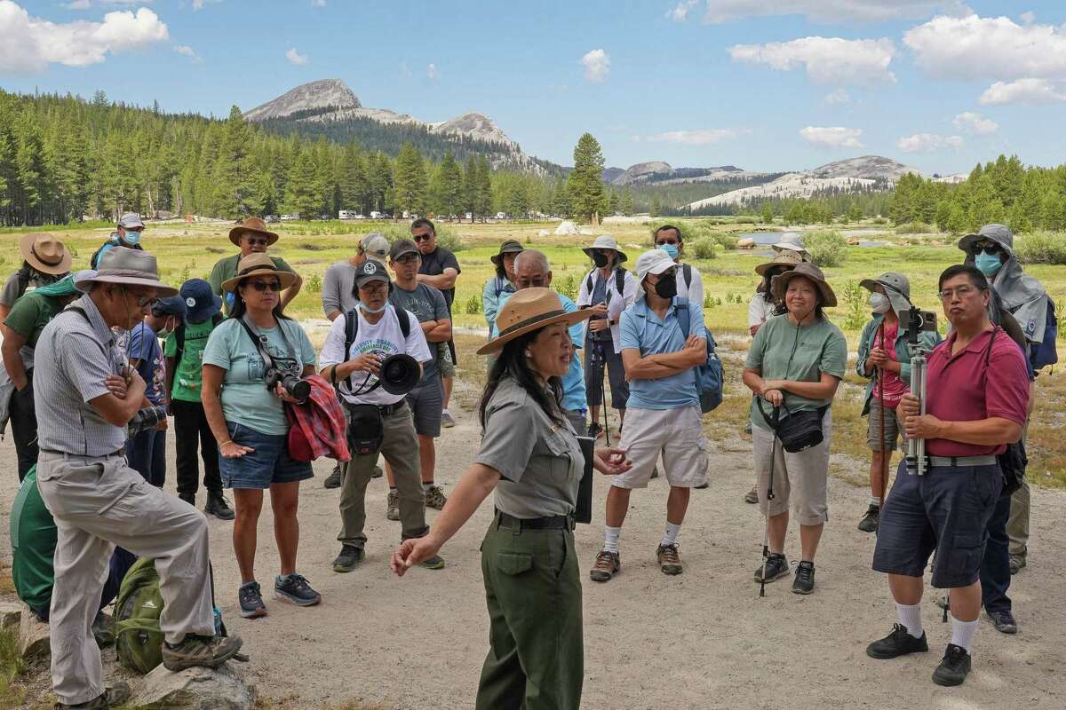 Ranger Yenyen Chan discusses the contributions of Chinese immigrants to Yosemite National Park as part of an annual pilgrimage in collaboration with the Chinese Historical Society.