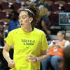 Breanna Stewart, who leads the WNBA with a 21-point scoring average, said reigning league MVP Jonquel Jones "deserves way more attention than she's gotten as a WNBA MVP." Stewart is shown warming up prior to the WNBA game between the Seattle Storm and Connecticut Sun on July 28, 2022, at Mohegan Sun arena. (Joyce Bassett / Special to the Times Union)