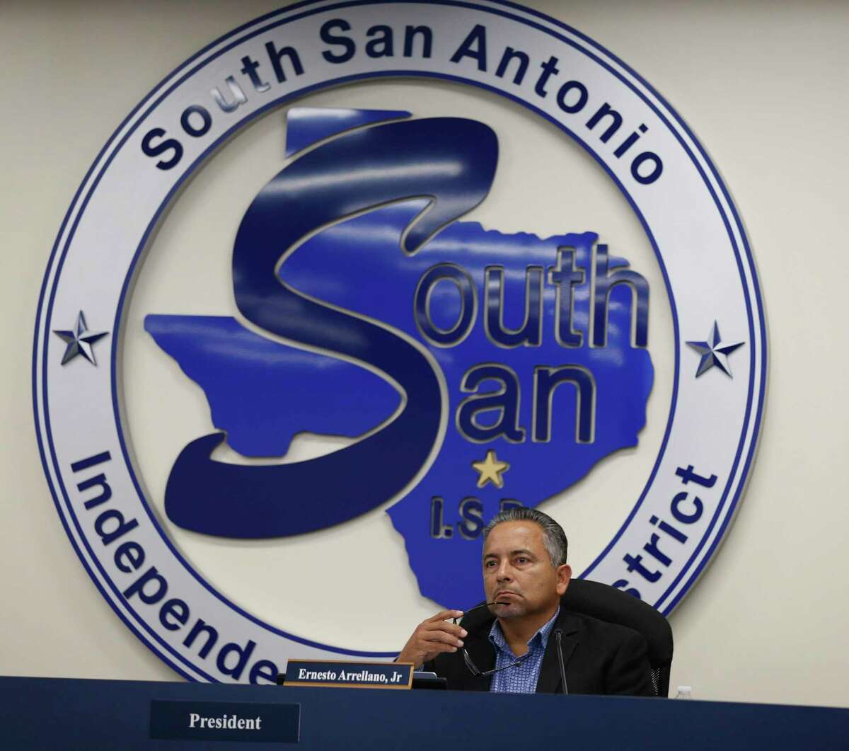 South San ISD board president Ernesto Arrellano Jr. listens to a presentation Tuesday.