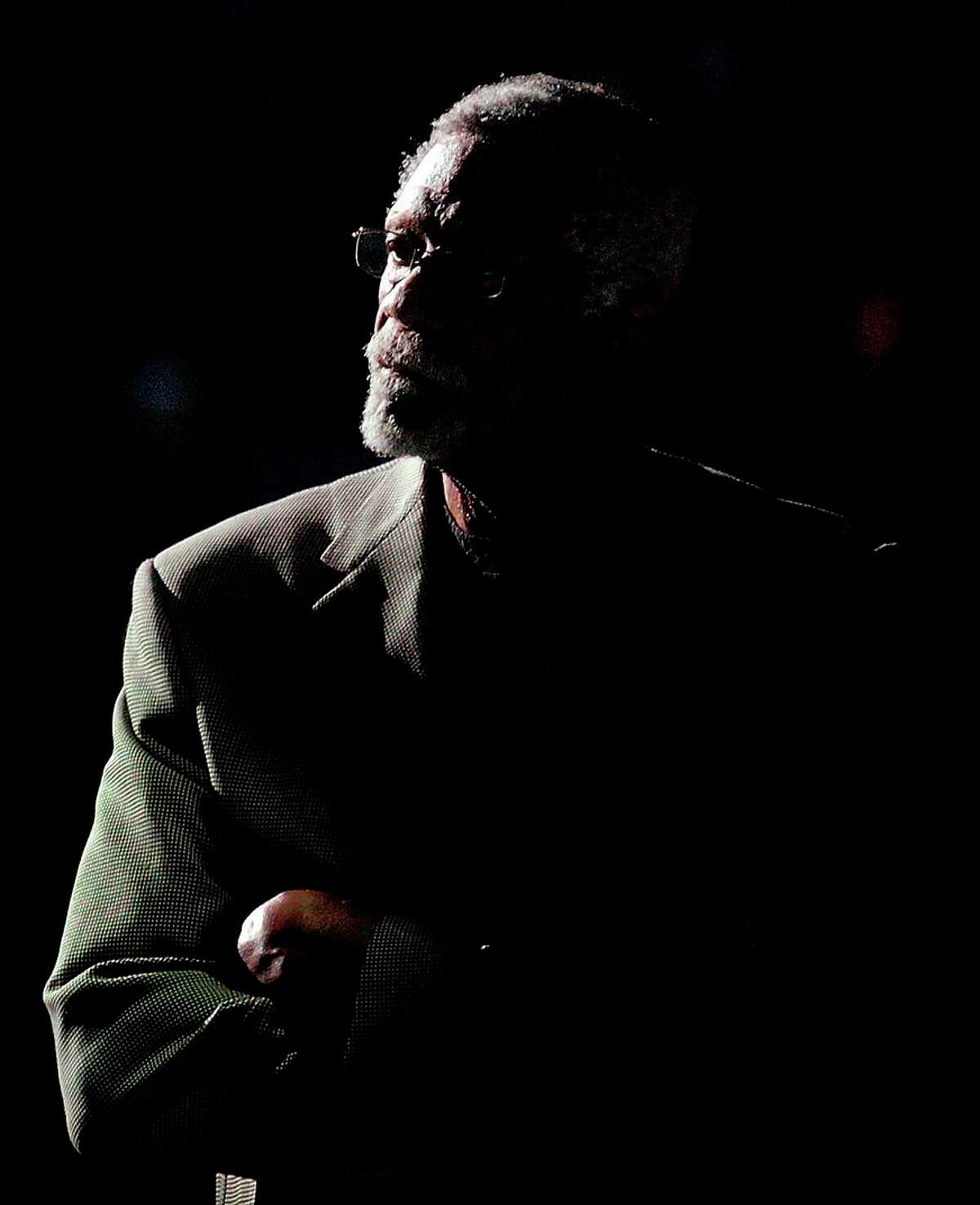 Former NBA basketball star Bill Russell waits to accept the inaugural National Civil Rights Museum Sports Legacy Award, Monday, Jan. 16, 2006, during halftime ceremonies at the Memphis Grizzlies-San Antonio Spurs game Monday, Jan. 16, 2006, in Memphis, Tenn. (AP Photo/ Mark Weber)