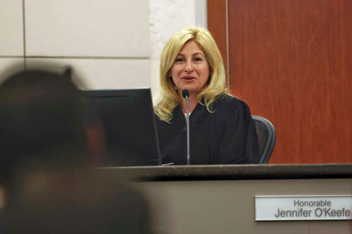 Judge Jennifer O'Keefe listens during opening arguments of the Paul Flores murder trial in Monterey County Superior Court in Salinas on Monday, July 18, 2022. (Daniel Dreifuss/Monterey County Weekly via AP, Pool)