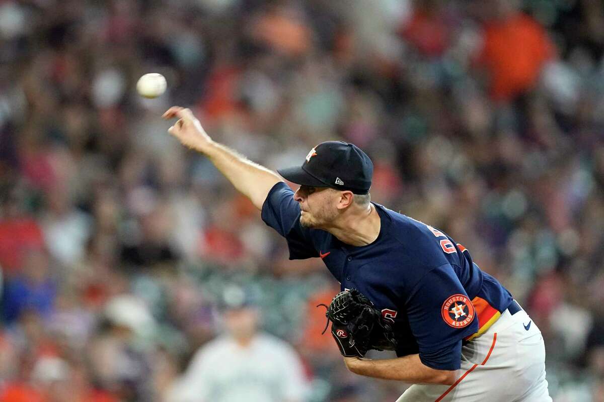 Houston Astros starting pitcher Jake Odorizzi throws during the fifth inning of a baseball game against the Seattle Mariners Sunday, July 31, 2022, in Houston. (AP Photo/David J. Phillip)