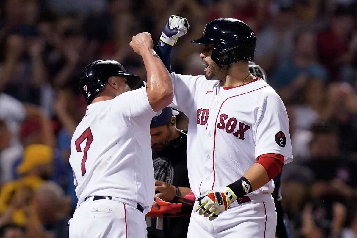 With contracts that expire at season’s end, Christian Vazquez, left, and J.D. Martinez might be trade-deadline commodities for a Red Sox team that stands a game under .500.